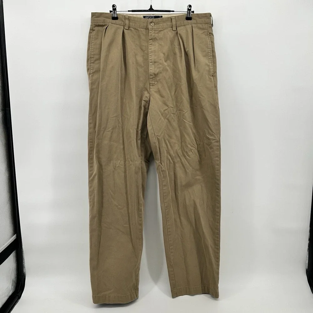 Polo Ralph Lauren Andrew Chino Pants Mens 36x32 Tan Pleated Cotton Twill Preppy